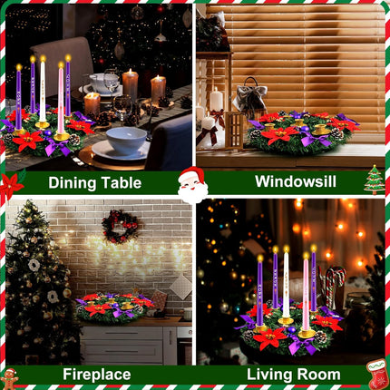 12 Inch Christmas Advent Wreath 5 Candle Holder with Metal Candle Cups for Taper Candles Fire Retardant Centerpiece Decorations for Table Indoor Home Church(No Candles)