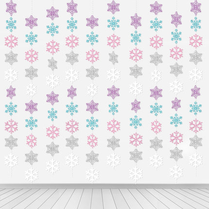 Winter Snowflake Hanging Decorations, Glitter Purple Pink Silver Christmas Snowflakes Hanging Garland Frozen Party Decorations for Winter Wonderland Baby Shower Frozen Birthday Party Decorations