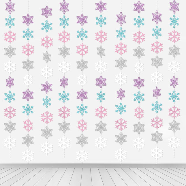 Winter Snowflake Hanging Decorations, Glitter Purple Pink Silver Christmas Snowflakes Hanging Garland Frozen Party Decorations for Winter Wonderland Baby Shower Frozen Birthday Party Decorations