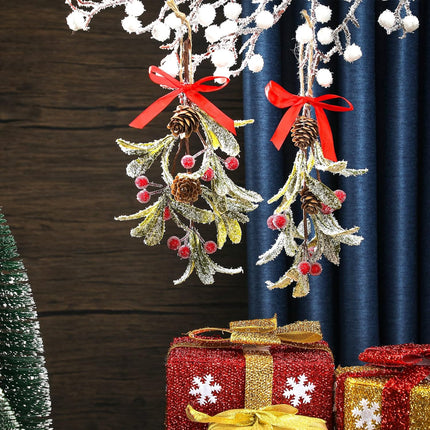 Giegxin 6 Pieces Christmas Mistletoe Decor Artificial Mistletoe Ornament with Red Bow Christmas Hanging Mistletoe Decoration Bouquet Natural Pine Cones Christmas Tree Accessories (Bright Style)