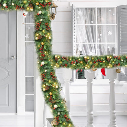 Aokia 9FT Pine Christmas Garland with 50LED Ligths,Pre-Lit Lighted Garland Decorated with Pine Cones,Red Berry Pine Cones and Ball Ornaments for Indoor Home Winter Holiday Year Xmas Decorations