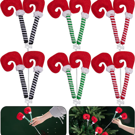6 Pcs Christmas Elf Legs Picks- 13 Inch Elf Feet Tree Ornaments with Fixed Wire- Striped Plush Stuffed Elf Leg Picks for Christmas Tree Party Home Decorations