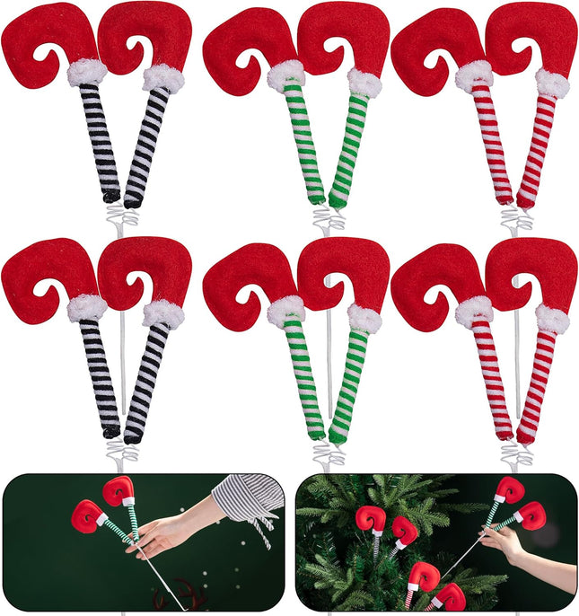 6 Pcs Christmas Elf Legs Picks- 13 Inch Elf Feet Tree Ornaments with Fixed Wire- Striped Plush Stuffed Elf Leg Picks for Christmas Tree Party Home Decorations