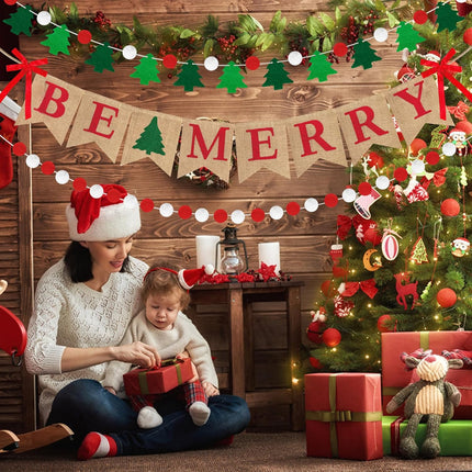 Amandir Merry Christmas Banner Burlap, Be Merry Banner Felt Ball Christmas Tree Pom Pom Garland Happy Holidays Banner for Mantle Fireplace Christmas Xmas Party Holiday Decorations Home Indoor Outdoor
