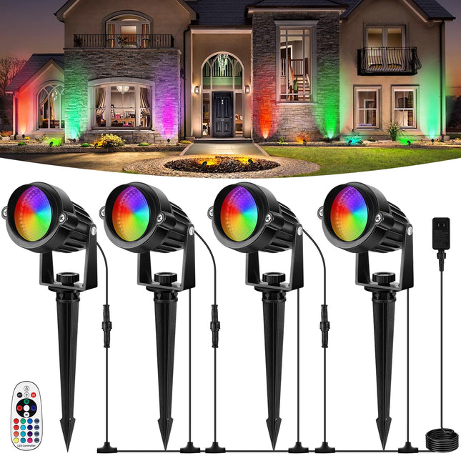 OurLeeme Spotlights Outdoor Waterproof - 4-in-1 RGBW Colored Halloween Spotlights for Outside with 36W Transformer, Remote Control Spot Lights Outdoor Landscape Lighting (RGBW)
