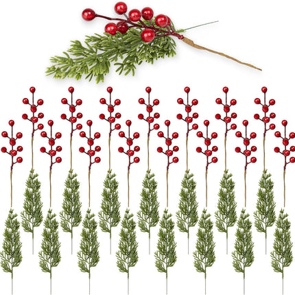 30 PCs Christmas Tree Picks Classic Christmas Picks 9.5 Inches Pine Needle Branches 6.5 Inches Red Holly Berry Stems for Winter Craft Wrapping Tree Garland Vase Floral Arrangements