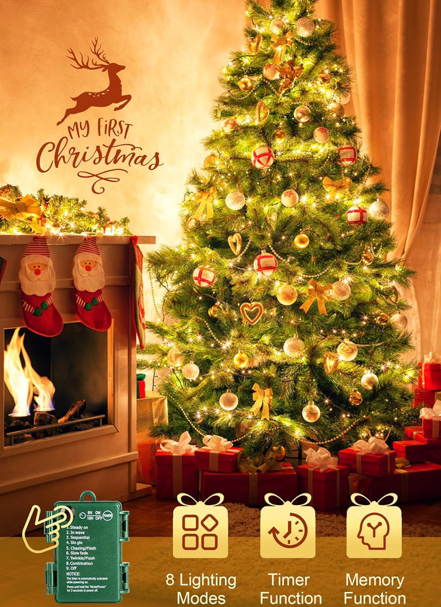 Brightown Christmas Tree Lights Battery Operated Outdoor, 10Ft 120 LED Christmas Cluster Lights Firecracker String Lights Waterproof Twinkle Lights for Indoor Wreath Xmas Tree Christmas Decorations