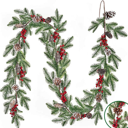 Christmas Pine Garland Artificial 6.3ft with Red Berry Branch Pine Cone, Xmas Tree Garland, Table Runner Decorations, Winter Holiday Decor Outdoor Indoor for Stairs Railing