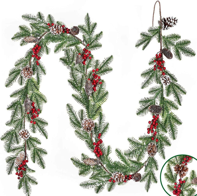 Christmas Pine Garland Artificial 6.3ft with Red Berry Branch Pine Cone, Xmas Tree Garland, Table Runner Decorations, Winter Holiday Decor Outdoor Indoor for Stairs Railing