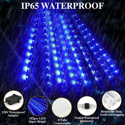 Meteors Shower Lights, 192 LED Falling Rain Lights 8 Tubes 11.8 Inch Waterproof Christmas Lights Plug in Snowfall LED Lights Outdoor for Tree Party Garden Yard Holiday Christmas Decoration, Blue