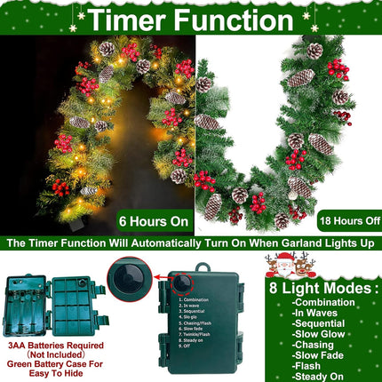 [ 2 Pack & Timer 8 Modes ] 9 Ft 100 LED Each Prelit Christmas Garland Lights 300 Thick Branch 198 Red Berry 18 Snowy Pinecone Waterproof Xmas Garland Christmas Decorations, Total 18 Ft 200 Warm Lights