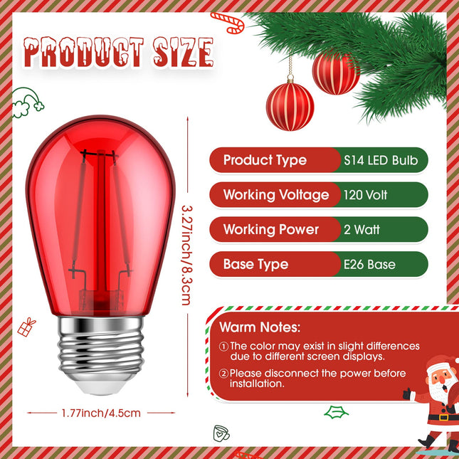 Christmas Red and Green S14 LED Light Bulbs Colored Bulbs Replacement String Lights 2 Watt E26 Base for Indoor Outdoor Village, Patio, Porch, Bistro Decor(25 Pieces)