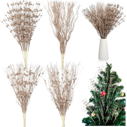 36 Pcs 17'' 15'' Christmas Artificial Glitter Berry Stems 4 Styles Christmas Decorative Tree Picks Branches Large Glittery Twigs for Christmas Tree Xmas Wreath Vase Filler (Champagne Gold)