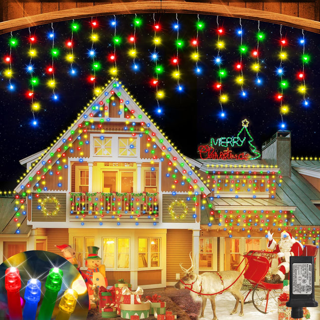 52FT 512LED Christmas Lights Outdoor Waterproof Curtain Lights with 8 Modes Timer Hanging Fairy Lights Plug in String Lights for Holiday Wedding Party Decoration(Multicolor)