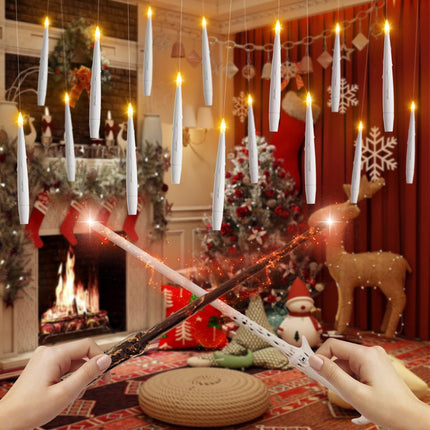 Christmas Tree Candles Battery Operated, 20 Pack Candles for Christmas Tree, Battery Powered Floating Candles with 2 Wand, Flameless Magic Hanging Taper Candles for Holiday Party Decor, White