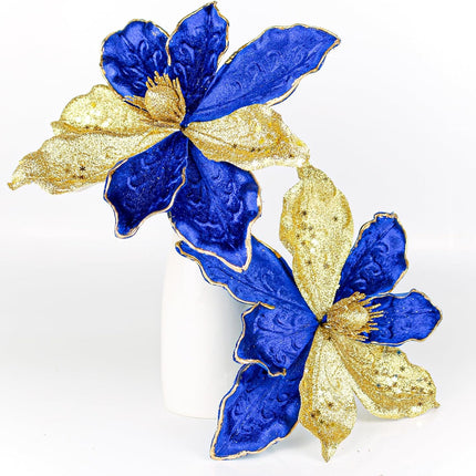 10" Velvet Poinsettias Artificial Christmas Flowers, 6pcs Large Glitter Christmas Poinsettia Picks, Floral Stems for Christmas Tree Wreath Garland Decorations DIY Ornaments (Blue