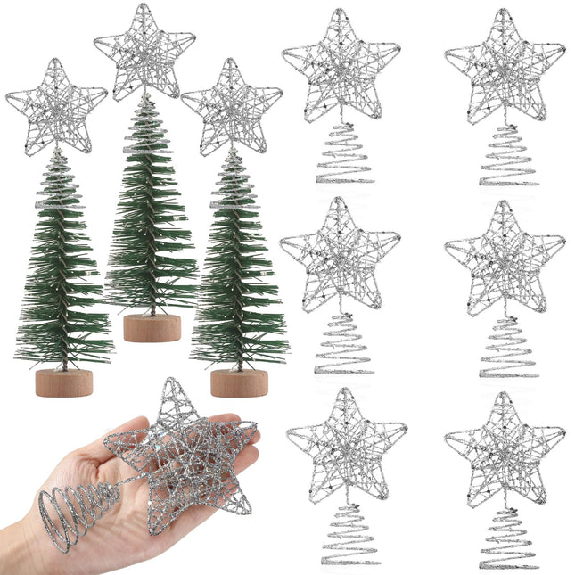 Hiboom 6 Pieces Mini Christmas Tree Star Toppers Glittered Xmas Tree Topper 4 Inch Hollow Star Treetop Topper for Indoor Party Decoration Ornaments(Silver)