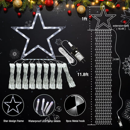 Christmas Lights Outdoor - 344 LED 12FT Christmas Tree Lights with Topper Star, Waterproof Plug in 8 Modes Waterfall String Lights for Indoor Patio Yard Lawn Party Xmas Decorations, White