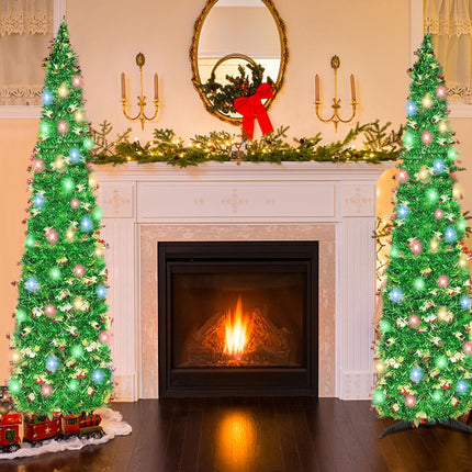 5FT Pop Up Christmas Tree with 90 LED Lights, Collapsible Christimas Tree Sled Sequins Tinsel Slim Pencil Christmas Xmas Tree for Home Holiday Fireplace Party Indoor Outdoor Decorations, Green