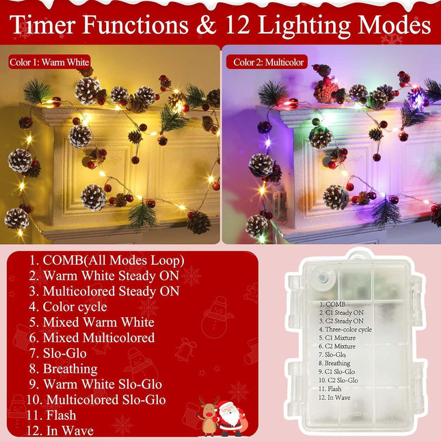 20 LED Christmas String Lights, 7 Ft Pinecone Christmas Garland with Warm White & Colorful String Lights Timer 12 Modes Battery Operated Pinecone Red Berry Bell Indoor Outdoor Party Xmas Decor