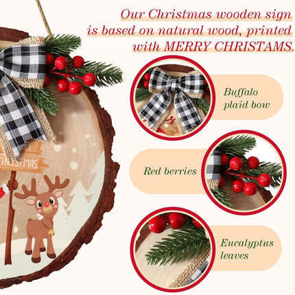 12Inch Christmas Wooden Hanging Door Signs Round Christmas Decorations Indoor Signs Merry Christmas Wreath Sign Xmas Wood Signs with Buffalo Plaid Bow Eucalyptus Berries for Front Door Home Decor
