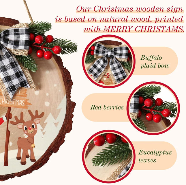 12Inch Christmas Wooden Hanging Door Signs Round Christmas Decorations Indoor Signs Merry Christmas Wreath Sign Xmas Wood Signs with Buffalo Plaid Bow Eucalyptus Berries for Front Door Home Decor