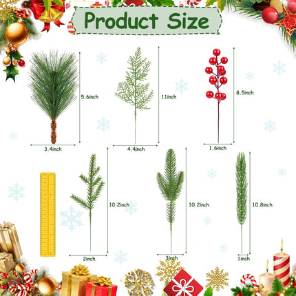 70PCS Artificial Pine Branches Christmas Greenery - Artificial Pine Needles Branches with Red Berry Stems Fake Pine Branches Set for DIY Christmas Tree Wreath Garland Crafts Holiday Home Decoration