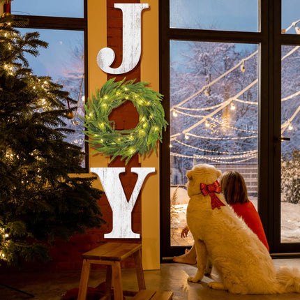 12 Inch Lighted Christmas Wood Joy Sign with Wreath LED String Lights Large Xmas Joy Letters Decor Wooden Hanging Joy Sign for Xmas Holiday Indoor Outdoor Home Wall Door Decoration(White)