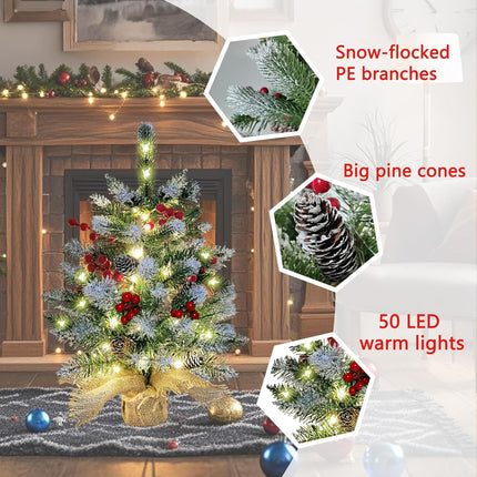 Small Christmas Tree, 22 Inches Artificial Tabletop Christmas Tree with 50 Lights,Snow Flocked Mini Xmas Tree with Pinecones Berries Wood Base for Christmas Decorations Indoor Home Decor