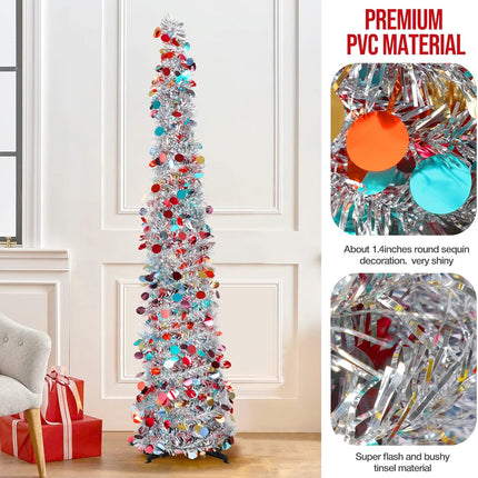 Christmas Tree, 5Ft Artificial Christmas Tree Decorations Pencil Xmas Tree for Home Party Office Fireplace Holiday Decorations (Silver)