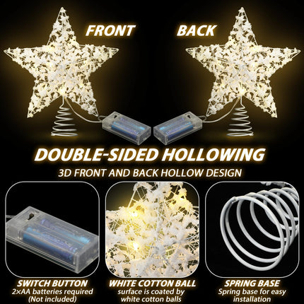 9 Inch Christmas White Tree Star with LED Lights, White Cotton Balls Metal Hallow Light up Metal Tree Topper for Christmas Tree Ornament and Holiday Seasonal Decor(Batteries Not Included)