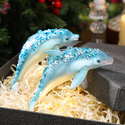 Sliner 4 Pcs Ocean Themed Christmas Tree Decorations Beach Christmas Dolphins Ornaments Glass Hand Blown Xmas Tree Dolphin Hanging Ornament Glitter Blue Dolphin Decor for Christmas Ocean Sea Party