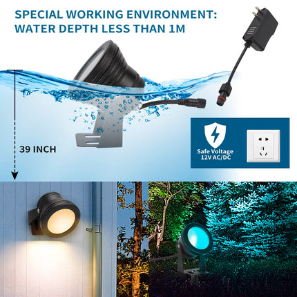 Spot Lights Outdoor, RGB Landscape Lighting 4XPack 15W IP67 Waterproof Spotlight Outdoor with Smart APP Control for Pathway Lights,LED Indoor Light(DC/AC 12V)