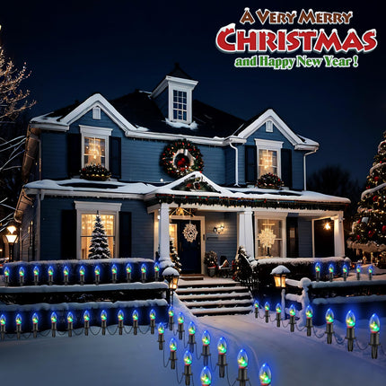 C9 Christmas Pathway String Lights with 20 Christmas Tree Light Bulb Decor- 24.5ft LED Christmas Path Marker Light with 20 Stakes Connectable Outdoor Walkway Lights for Xmas Lawn Yard Garden(20 Light)