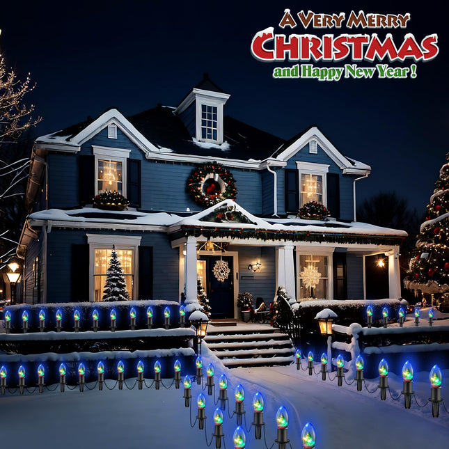 C9 Christmas Pathway String Lights with 20 Christmas Tree Light Bulb Decor- 24.5ft LED Christmas Path Marker Light with 20 Stakes Connectable Outdoor Walkway Lights for Xmas Lawn Yard Garden(20 Light)