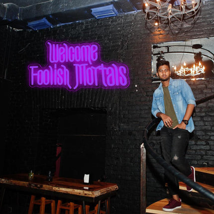 Welcome Foolish Mortals Neon Sign,Dimmable Spooky Gothic Haunted Mansion Decor Coffin LED Neon Signs for Wall Decor,USB Powered Led Neon Light for Party Haunted House Man Cave Birthday Christmas s(16.19.4in) (Purple)