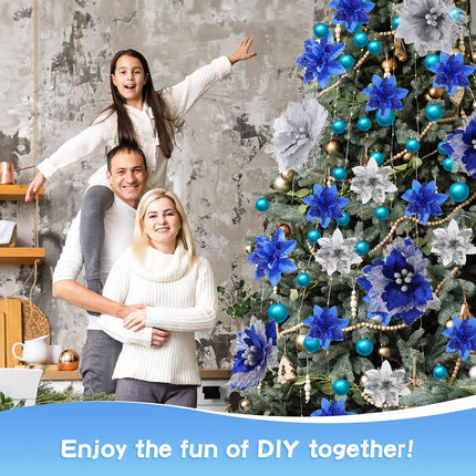 Jutom 40 Pcs 12.3/5.5 Inch Christmas Glitter Poinsettia Faux Flowers Blue Silver Poinsettias Artificial Flowers Ornaments Christmas Tree Decoration Poinsettia Christmas Decorations for Wedding Party