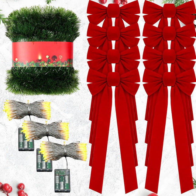 Riceshoot 50 Feet Christmas Garland with Lights and Large Red Bows Christmas Fence Decoration Artificial Xmas Garland with 8 Pcs 28 x 10 Inch Red Velvet Bows for Outdoor Garden Fence Door (Classic)