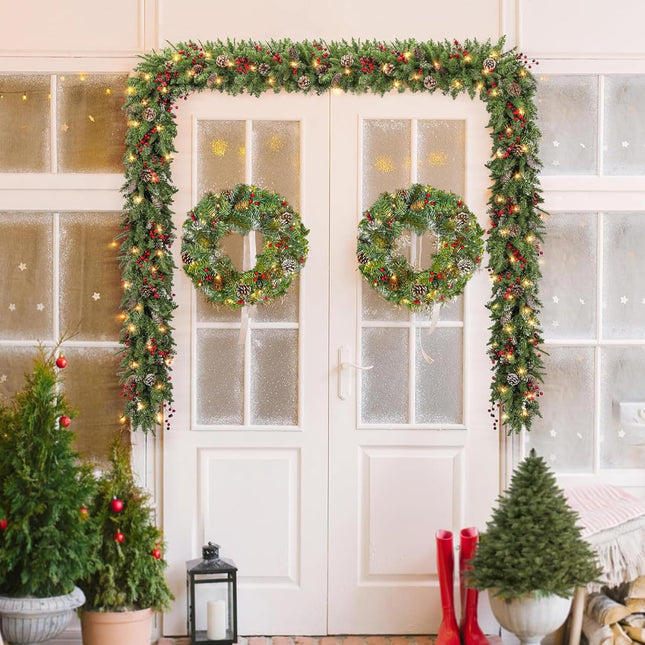 Christmas Wreath with Lights, Artificial Christmas Door Wreath with 30 LED Lights, Pre-Lit Battery Operated Outdoor Christmas Wreath Lighted, 18Inch