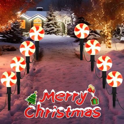 C9 Christmas Pathway Lights Outdoor - 7FT Christmas String Light with 4 Lollipop LED Marker Lights, Red and White Christmas Candy Landscape Lights for Garden Lawn Party Decor - 2 Pack