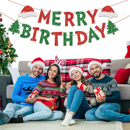 Christmas Decorations Indoor Merry Birthday Party Banners, Glittery Christmas Decor Banner for Party, Red Green Christmas Tree Garland Banner Home Fireplace Decor Xmas Decorations