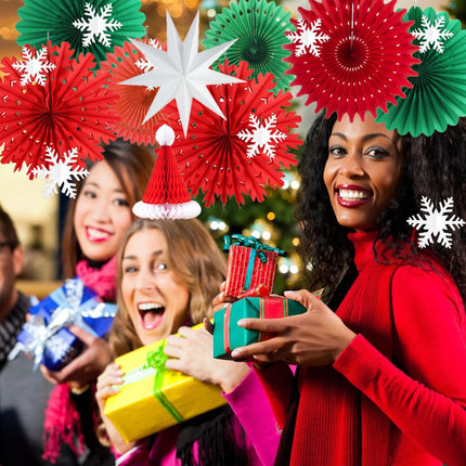 Christmas Party Decorations Red and Green Hanging Paper Fans Glitter Silver Snowflake Ornaments Nine-pointed Paper Star Lantern for Winter Christmas Birthday Wedding Year Party Decoration