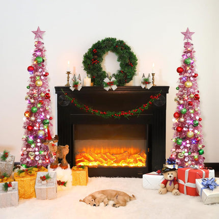 N&T NIETING Pop Up Christmas Tree with Lights & 30 Balls, 5Ft Collapsible Rose Gold Tinsel Christmas Tree Decorations, Pencil Christmas Tree Skinny Christmas Tree for Holiday Xmas Home Office Decor