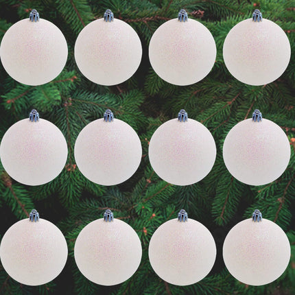 White Snowball Ornament (18 Pack) 2.36 Inch 60mm Glitter Sparkly Snow Ball Christmas Ornament for Christmas Tree Decoration, Iridescent Ornaments Shatterproof Plastic Bulk Set by 4E's Novelty