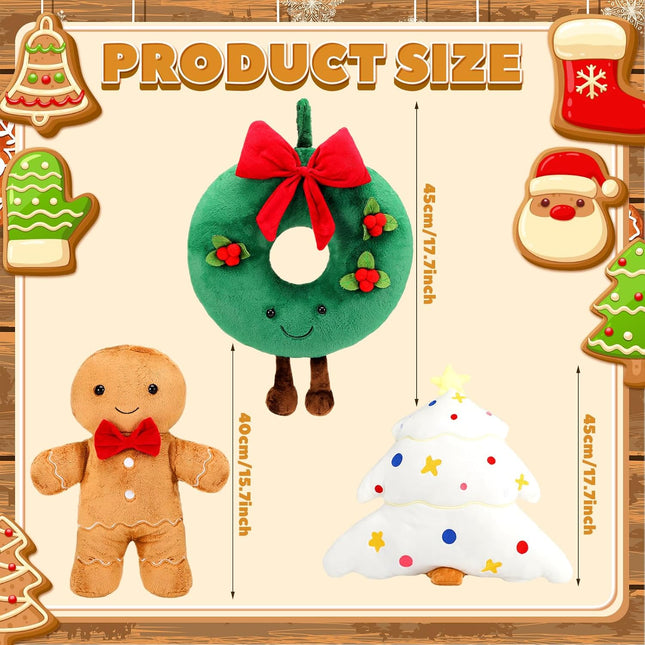 3 Pcs Christmas Throw Pillow Set Plush Gingerbread Men Pillow 18 Inch Christmas Tree Stuffed Pillows Soft Cute Xmas Wreath Pillow for Christmas Party Cushion Decoration