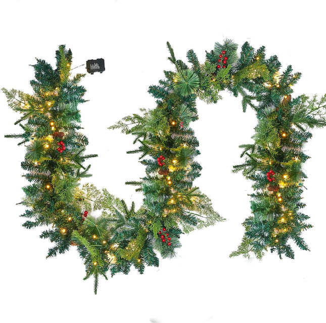 9 Ft Christmas Garland with Lights - Realistic Prelit Christmas Garland with Pine Cones Red Berries Xmas Garland for Fireplace Railing Door Home Christmas Decorations Indoor (Battery NOT Included)