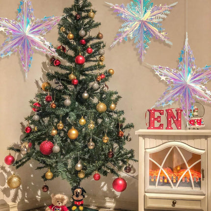 SONGTIY 2PCS Iridescent Honeycomb Snowflake Decorative Hanging Ornaments, Shiny Iridescent Foil Ceiling Garlands, for Chriatmas Birthday Wedding Frozen Theme Party Fairy Princess Rainbow Show Decorati
