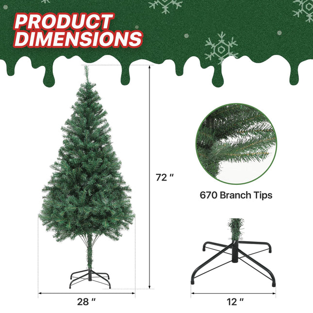 MoNiBloom 6 Ft Artificial Christmas Tree, Full Christmas Tree w/670 PVC Branch Tips, Green Xmas Tree for Home Office Party Decoration, Festive Decor for Outdoor, Metal Base and Hinged, Easy Assemble