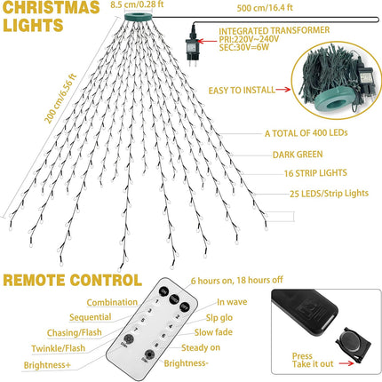 Christmas Tree Lights with Ring 16 Strings 400 LEDs, Kedoxi Xmas String Lights with Timer 6.6FT Easy to Install, Christmas Curtain Fairy Tree Light 8 Mode for Xmas Fir Pine Party Decoration Warm White