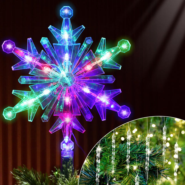 13 Pcs Christmas LED Light Snowflake Tree Topper Lighted Xmas Treetop with Hanging Crystal Icicle Snowflake Christmas Tree Ornaments,Christmas Tree Decorations Supplies(Colorful, Cute)
